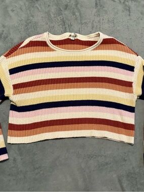 Striped Ribbed Cropped Sweater in Cream, Pink, Navy, Rust, Yellow